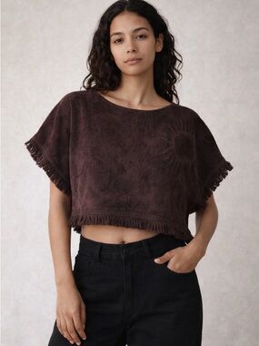 Brown Fringed Cropped Poncho
